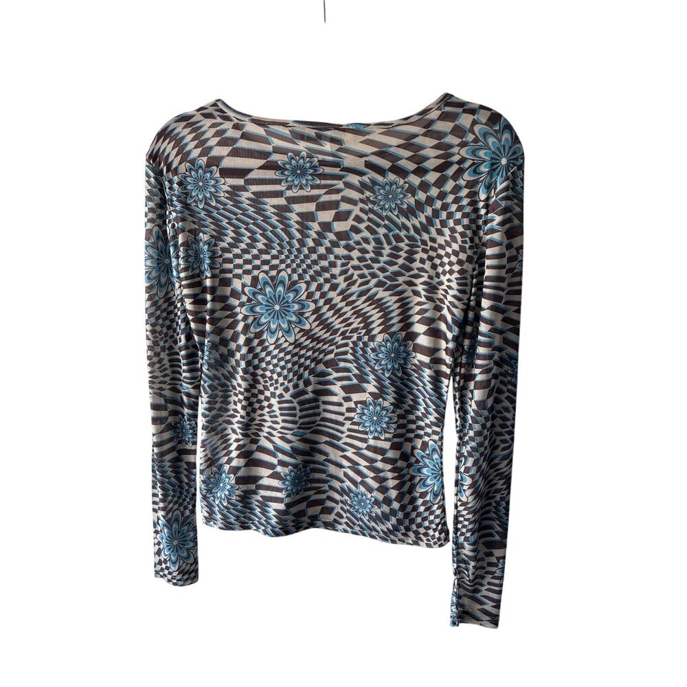 Generation K Op Art Psychedelic Print Long Sleeve Top Size Small Blue Gray